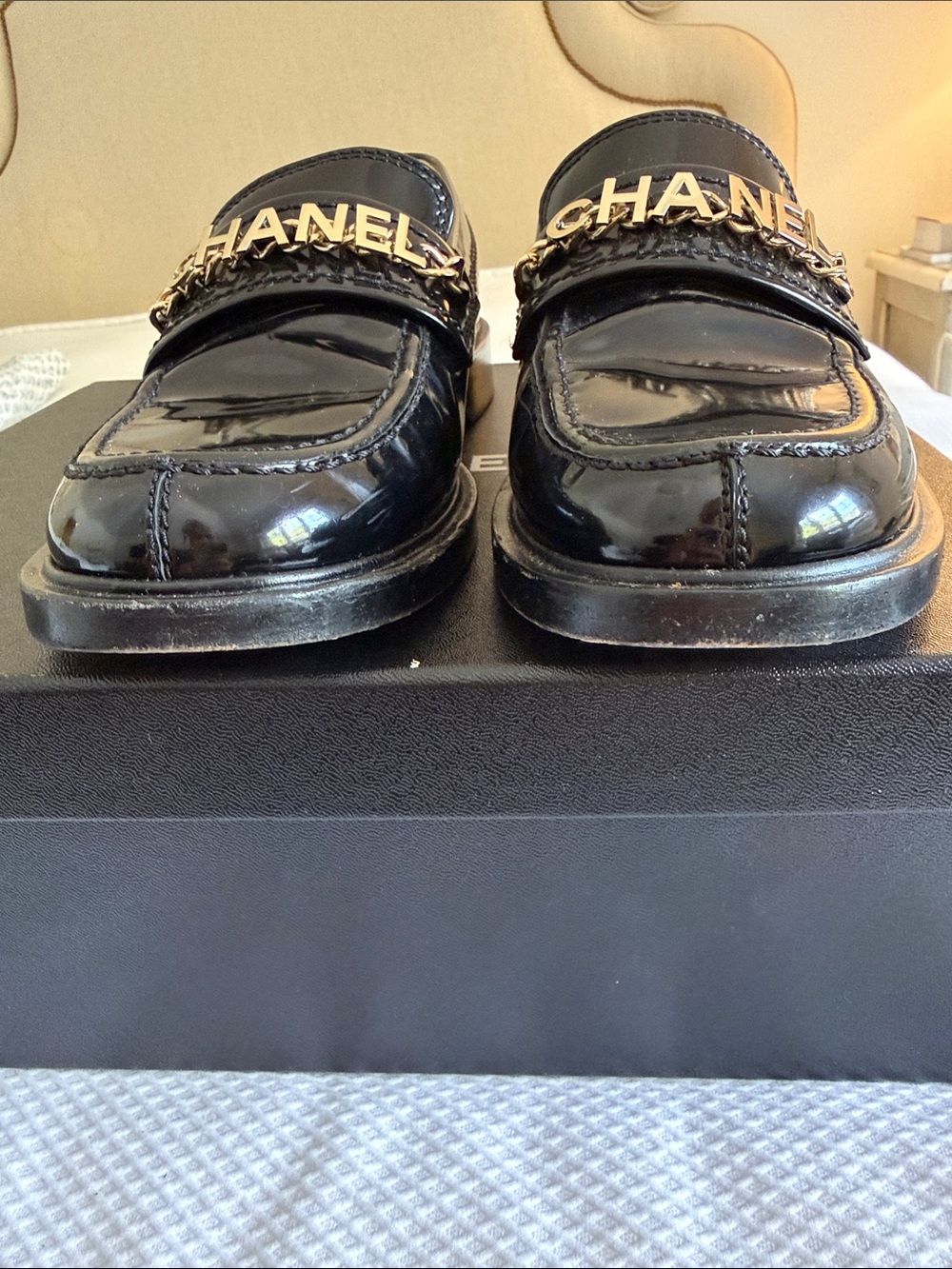 CHANEL Black Patent Leather Women’s Logo Chain Loafers - Picture 3 of 15